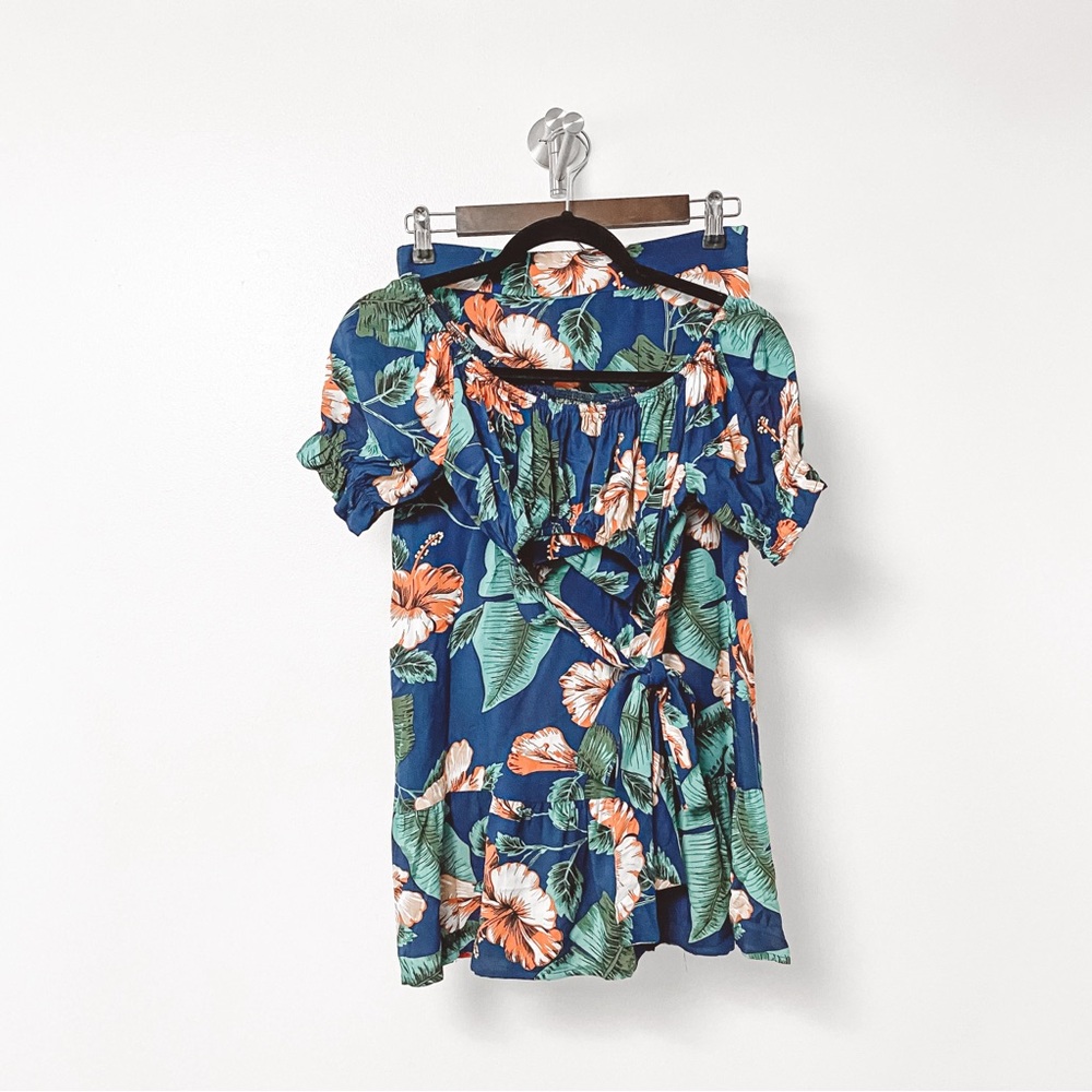No Brand 100% Rayon Tropical Floral 2 Piece Crop Top Chic Skirt Set Blue‎
